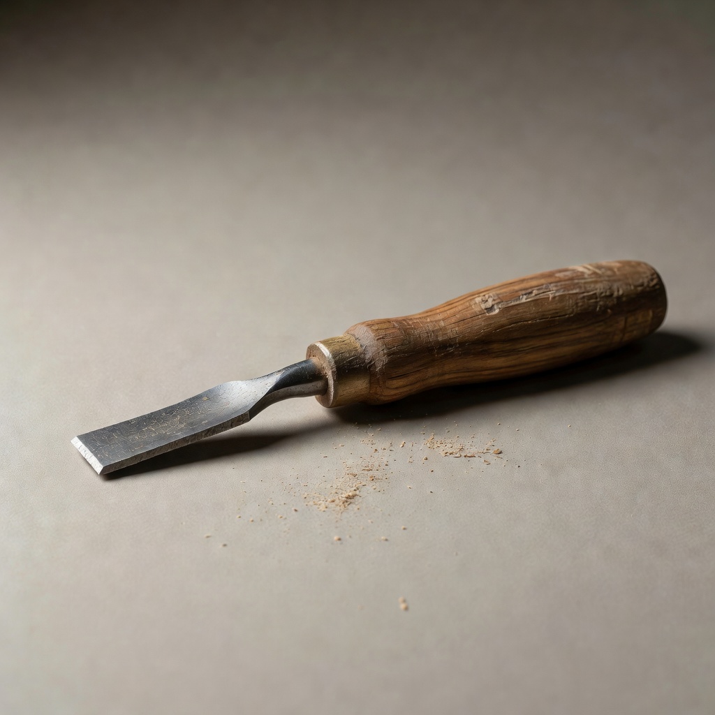A single wood-carving gouge with a worn ash handle lying on a plain matte backdrop in soft side light