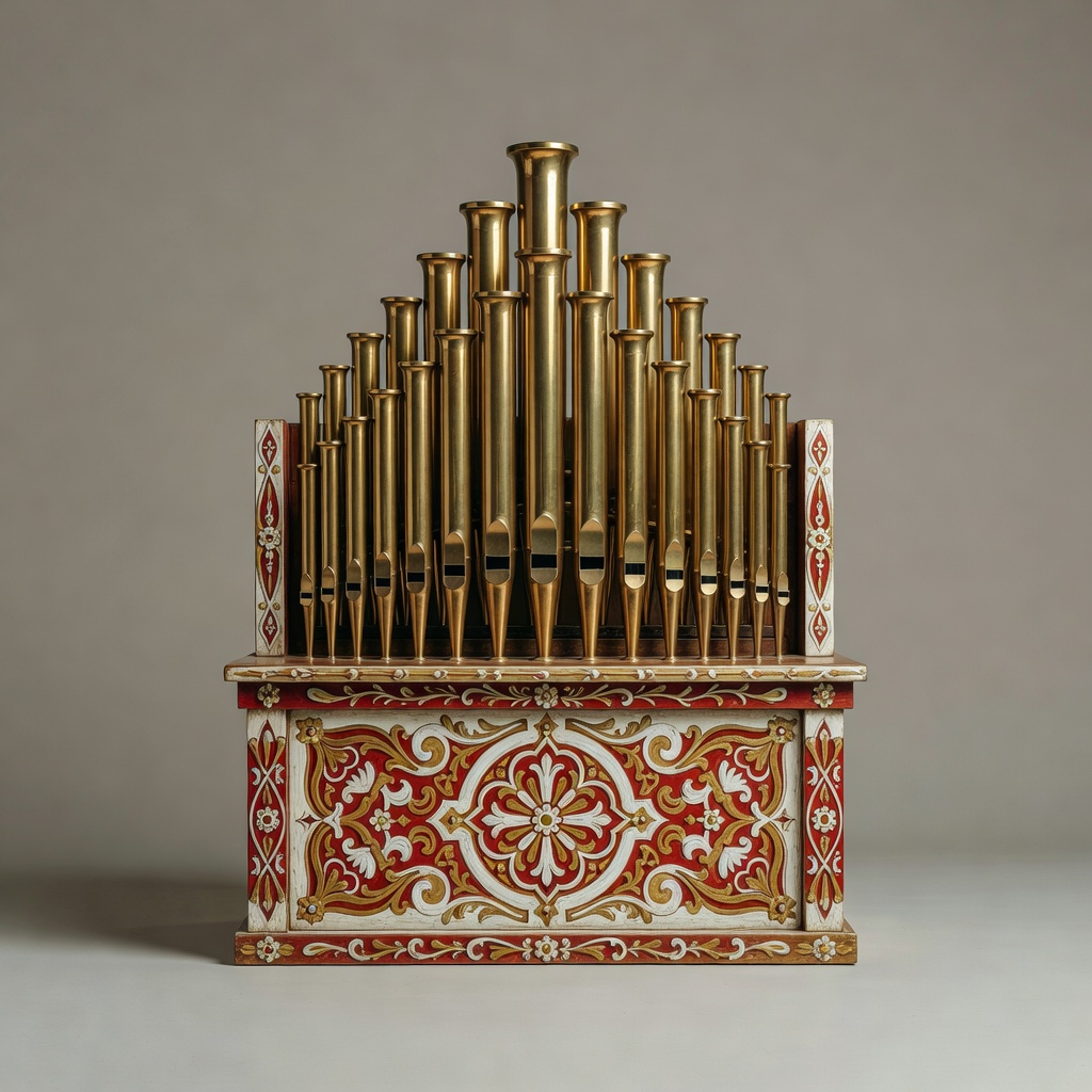 A small band organ with brass trumpet pipes and a painted wooden facade on a plain matte backdrop
