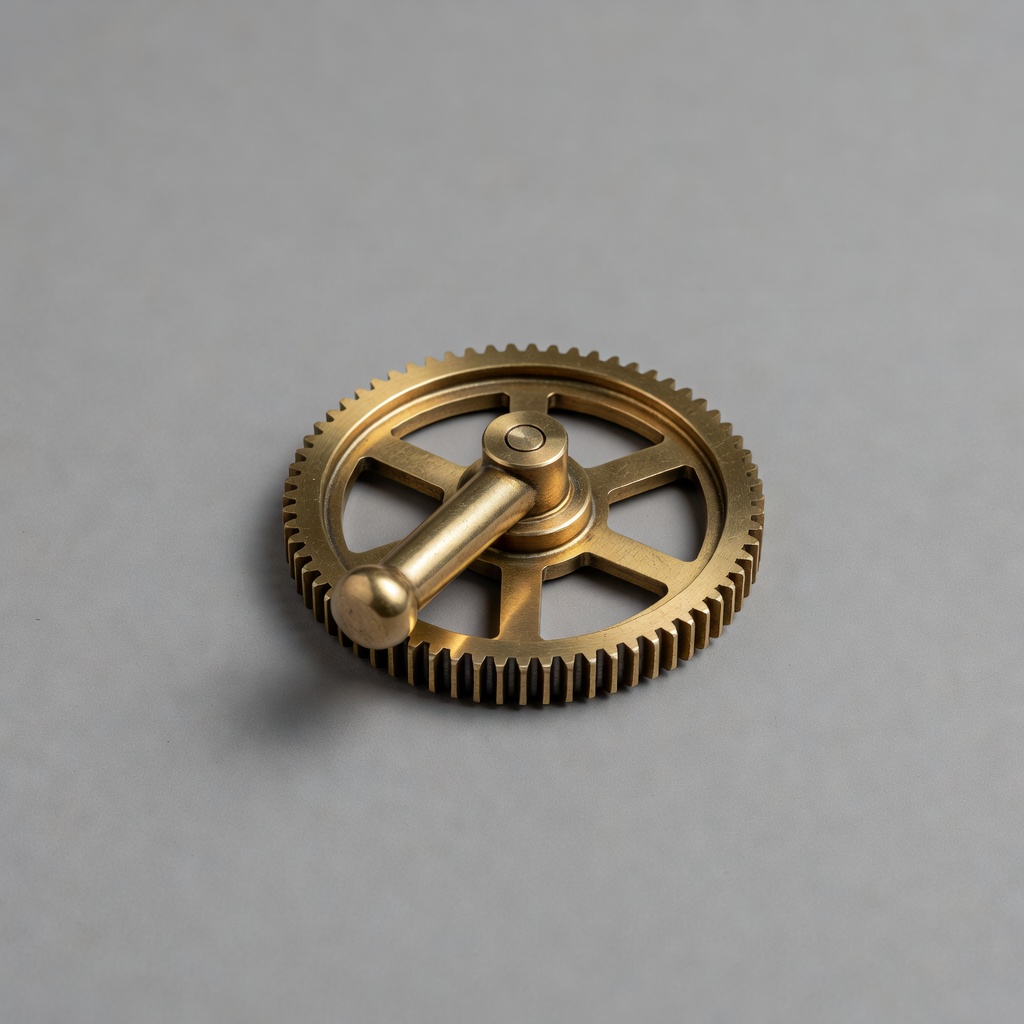 A single brass gear wheel and crank arm resting on a plain matte surface under soft studio light