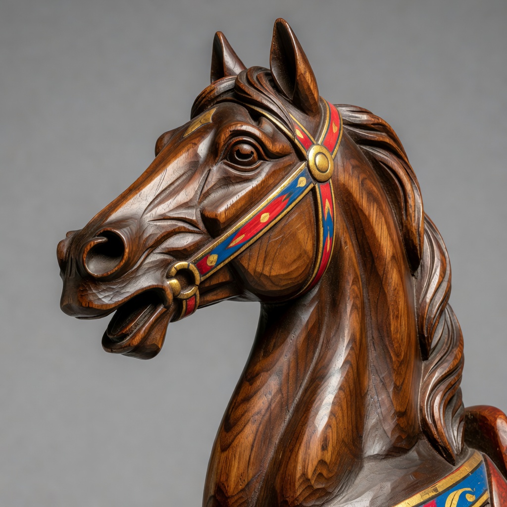 Close view of a carved wooden carousel horse head with flared nostrils and a painted bridle on a plain grey backdrop