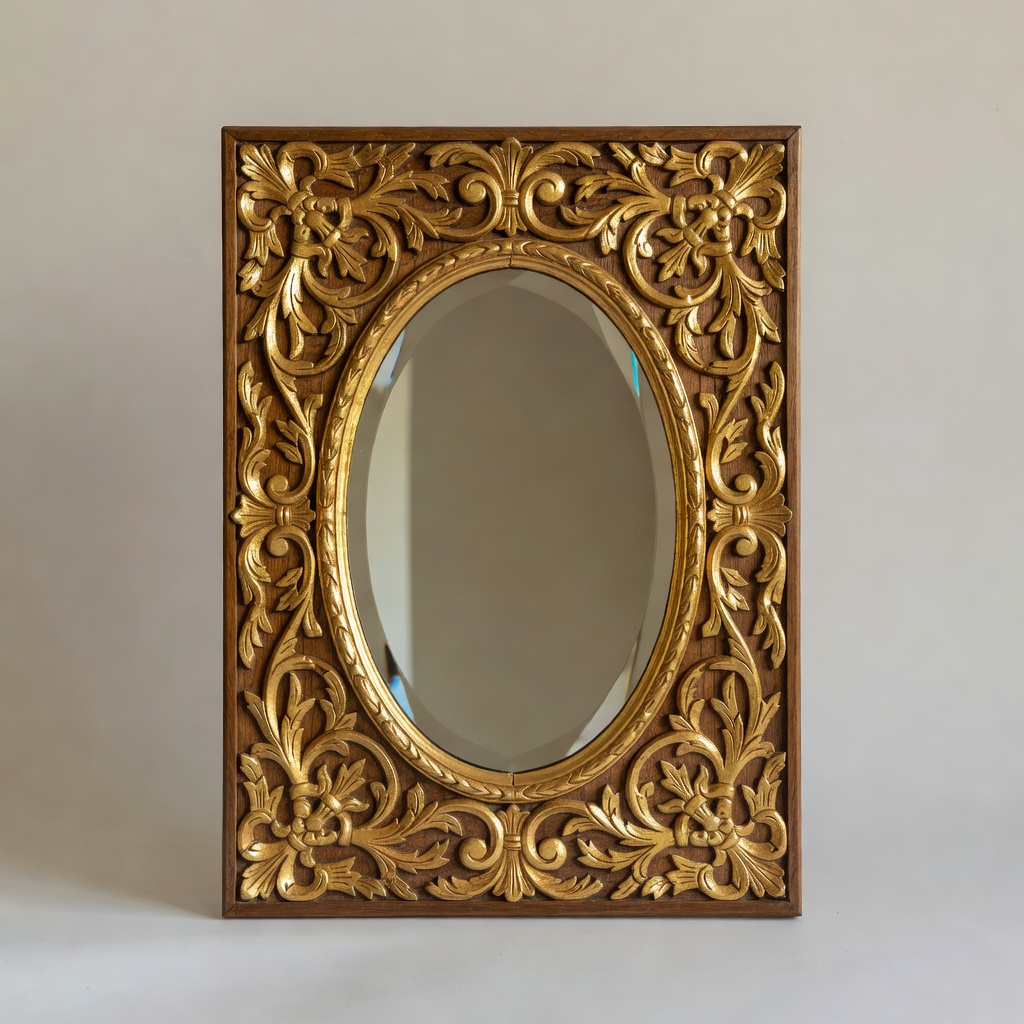 A gilded carved wooden panel framing an oval bevelled mirror, lit softly from the side on a plain backdrop